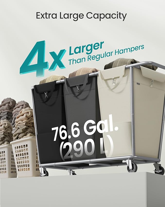 SONGMICS 3-Section Laundry Basket with Wheels, 76.6 Gallons (290 L) Hamper - Image 3