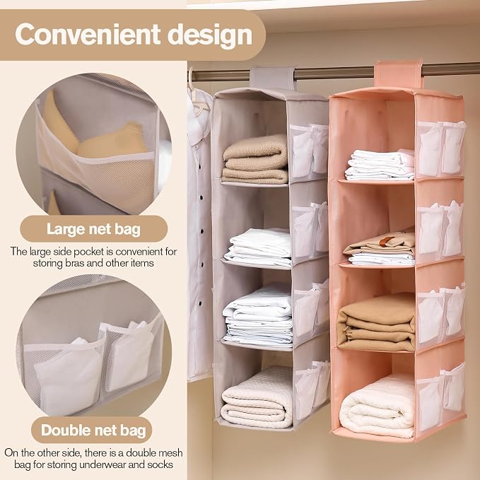 Hanging Closet Organizer, 4-Section Storage Shelves, Oxford Cloth with Mesh Pockets, (Pink, 2 Section) - Image 3