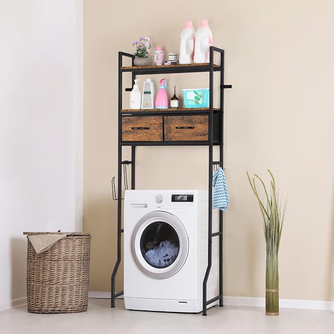 YBING Over The Toilet Bathroom Storage Cabinet for Freestanding, Above Toilet Shelf with Fabric Drawer, Tall Bathroom Shelf Organizer with Toilet Paper Holder, Brown - Image 6