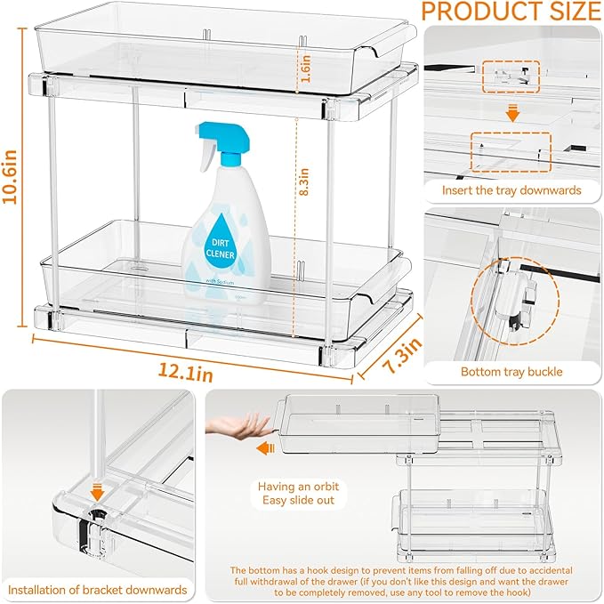 Yieach 4 Pack Under Sink Organizers and Storage,Clear Acrylic Bathroom Organizer and Cabinet Organization for Makeup,Medicine,Two Tier Pull Out Cabinet Organizer Drawers for Pantry,Vanity Storage Bins - Image 3