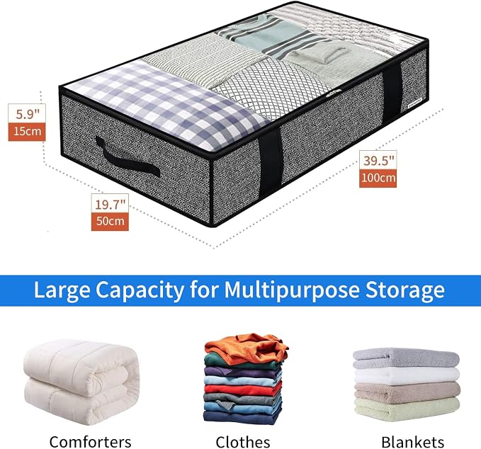 Onlyeasy Foldable Underbed Bags - 2 Pack Blankets Clothes Comforters Storage Bag Breathable Zippered Organizer for Bedroom with Clear Window and 4 Handles, 100 x50 x15cm, Linen-Like Black, MXAUBBP2 - Image 2