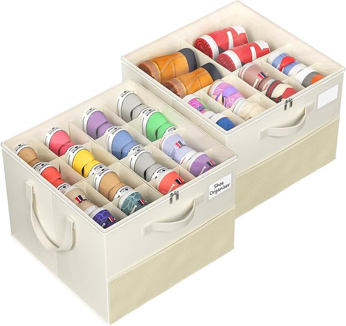 Plus Size 2 Pack Shoe Organizer for Closet, Foldable Shoe Storage Box | 16–24 Pair Shoe Storage for Sneakers, Boots & Heels with Adjustable Dividers, Clear Cover & Space Saving Closet Storage - Image 9