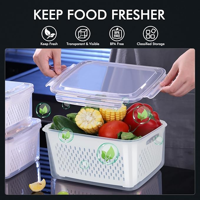 HOTEC 5-Pack Large Fruit Storage Container for Fridge Leak proof with Removable Colander, BPA Free Dishwasher & microwave safe Largest 4.15L - Image 3