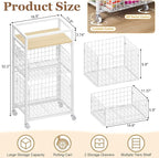 Hongtamoya 3 Tier Laundry Room Cart with Pull-Out Baskets, Storage Cart with Wheels, Rolling Cart with Wood Top Metal Bathroom Laundry Room Organization Mobile Shelf Unit Organizer Trolley, White - Image 6