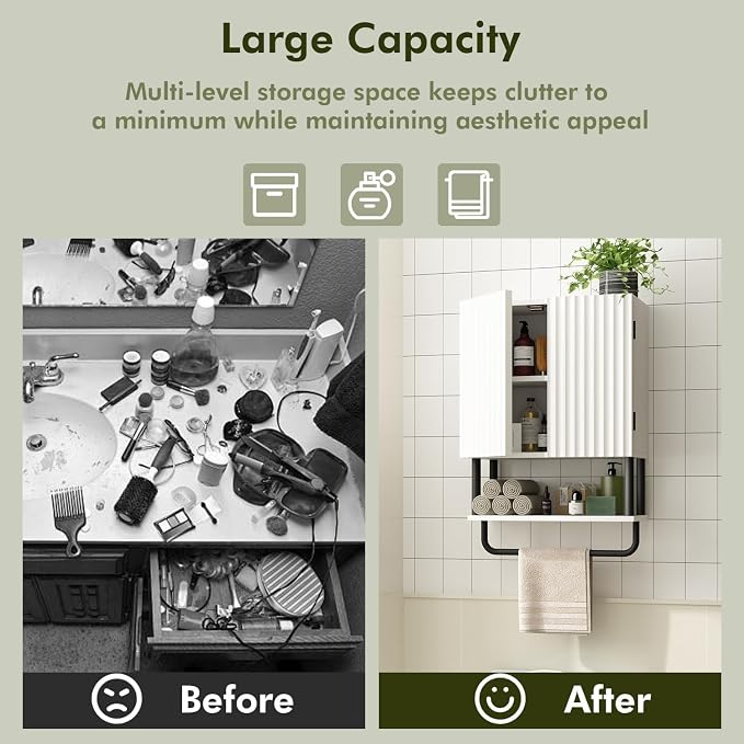RUSTOWN Fluted Bathroom Wall Cabinet with 2 Doors, 3-Tier Medicine Cabinet - Image 9