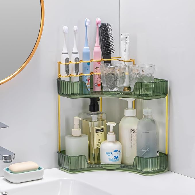 shuang qing Upgraded 2-Tier Corner Bathroom Countertop Organizer – Spacious Storage for Makeup, Skincare & Perfumes, Built-in Brush Holder Fits Vanity/Dresser/Bsthtub (Sage Green) - Image 2