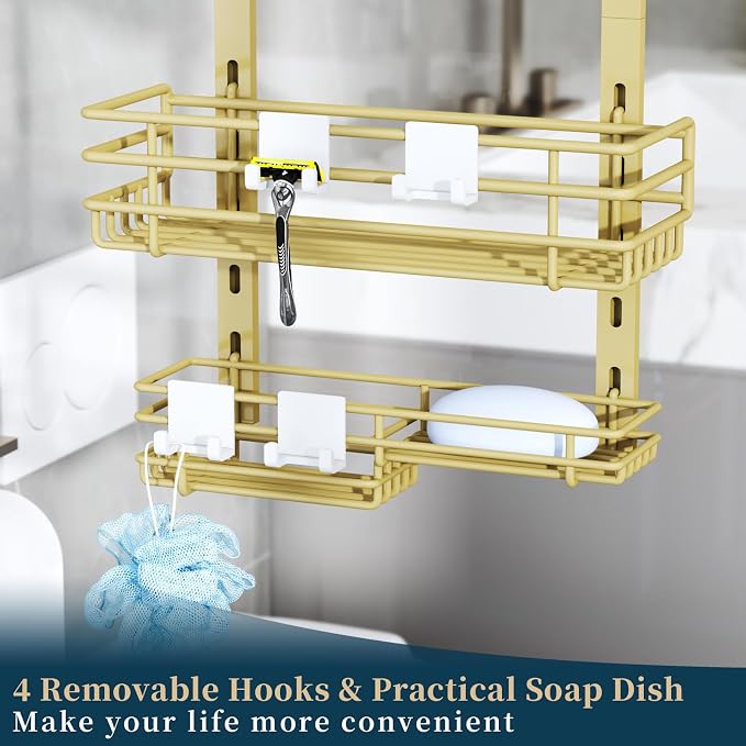 Consumest Over The Door Shower Caddy - 5 Tier Adjustable Shower Organizer Hanging with 2 Toothbrush Holders & 4 Hooks, Rustproof Organizer Shelf, Storage Rack for Bathroom, Gold - Image 7