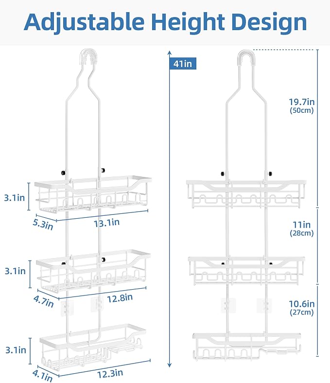 Adjustable Shower Caddy Hanging, Extended Length Organizer Over Shower Head, 3 Tier Long Neck Shower Rack with Soap Holder for Large Storage, White - Image 2