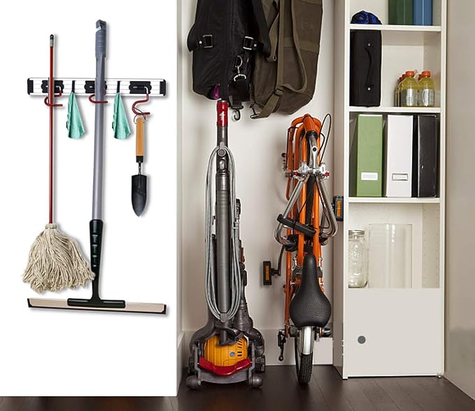 Wall Mounted Mop and Broom Holder Stainless Steel S Type Broom Rack Anti-Slip Mop Organizer (16.5 Inches,3 Positions 2 Hooks, Red black) - Image 6