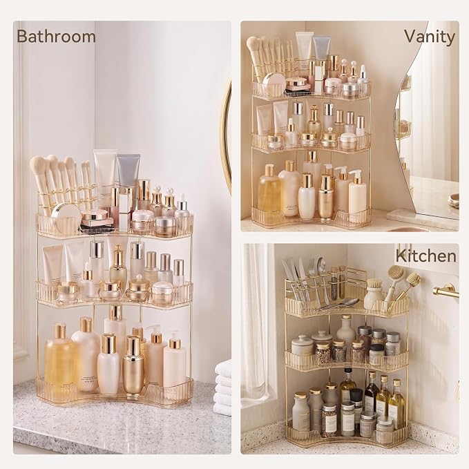 3-Tier Corner Bathroom Counter Organizer with Makeup Brush Holder, Gold - Image 6
