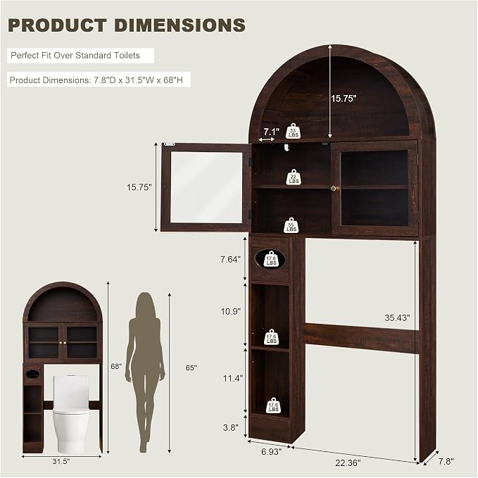 Over the Toilet Storage Cabinet with Arched Top, 68" Tall, Dark Walnut - Image 2