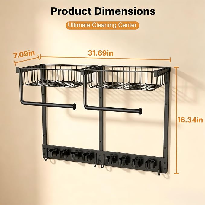 Broom Holder Wall Mount with Paper Towel Holder& Removable Anti-fall Basket - Image 4