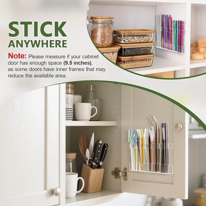 Malldii 9.5" Large Acrylic Straw Holder for Cabinet Door - Reusable Tumbler Straw Organizer Storage, Small Kitchen Accessories Container, Ultra Sticky Cupboard Door Mounted (Transparent) - Image 5