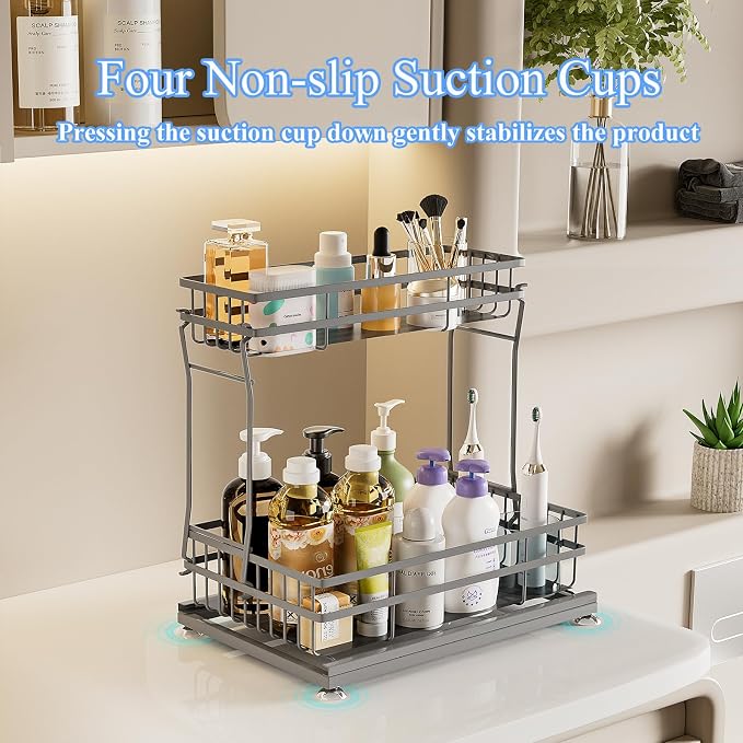 2 Pack Under Sink Organizers and Storage, 2 Tier Pull Out Cabinet Organizer, Metal Sliding Drawer Storage for Kitchen Bathroom，Gray - Image 3