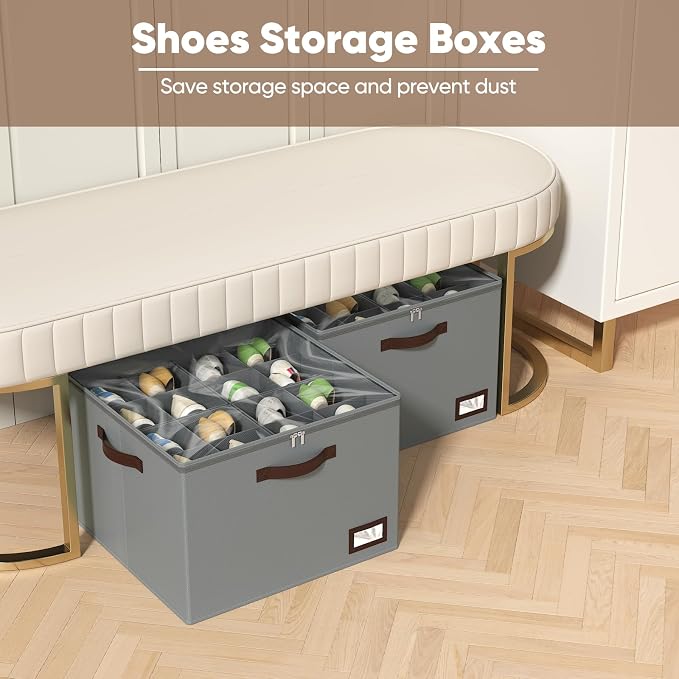 OIAHOMY 2 Pack Shoe Organizer for Closet, Large Foldable Shoe Storage Bins with Dividers and Reinforced Handles, Each Clear Cover Sneaker Box Fits Up to 16 Pairs for Entryway and Bedroom, Grey - Image 2