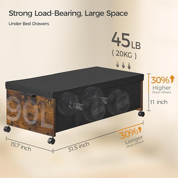 FOUCSSOMEI Under Bed Drawers on Wheels, XXXXL Size, UnderBed Storage with Wheels, Wooden Under Bed Storage, Heavy Duty, Patented Design - Image 4