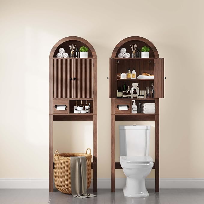 Arched Over the Toilet Storage Cabinet with Fluted Wood Doors, Walnut - Image 7
