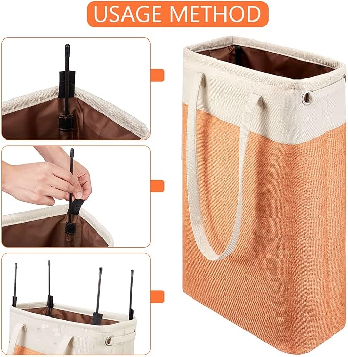 Laundry Basket with Handles Beige&Orange Slim Laundry Bin Collapsible Dirty Clothes Basket Narrow Laundry Bag Foldable Dirty Hamper for Camping, Dorms, Apartments - Image 5