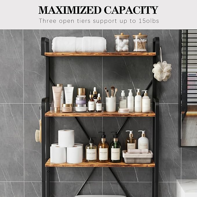 Over The Toilet Storage Cabinet, Freestanding Bathroom Shelf with Hooks - Image 4