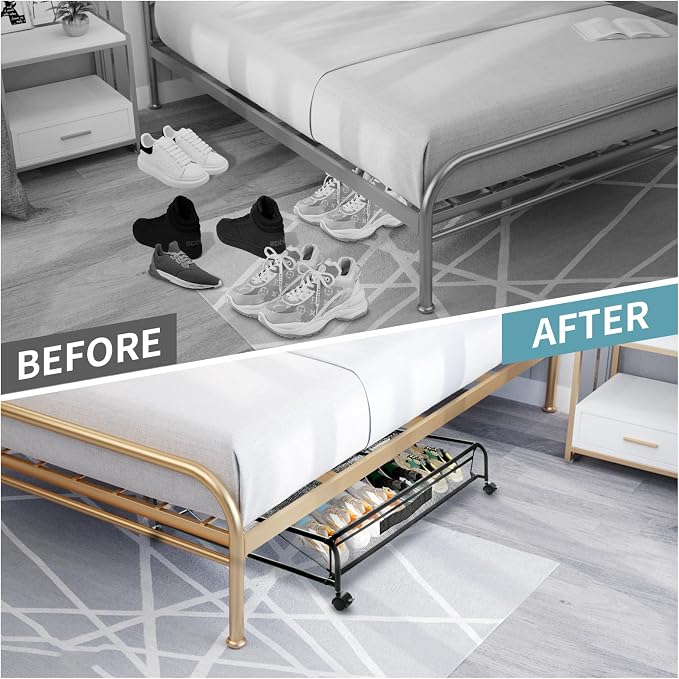 Under Bed Shoe Storage with Wheels, Space Saving Shoe Organizer with Sturdy Metal Frame & Breathable Mesh, Suitable Under the Bed, Sofa and Desk, 2 Packs - Image 6