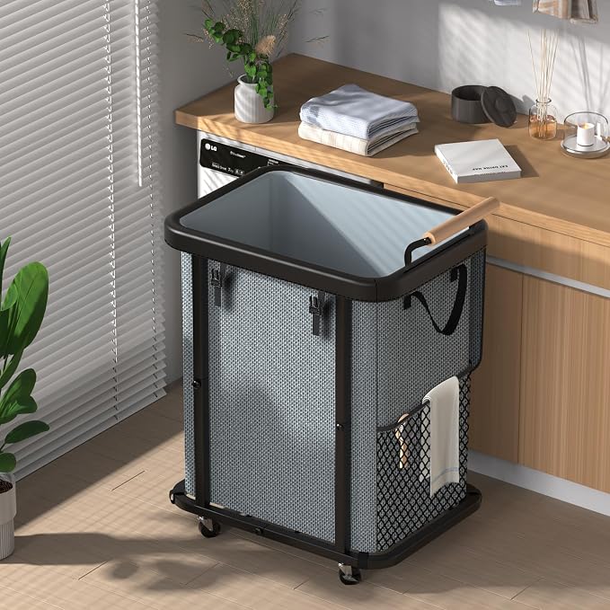 Laundry Hamper with Lid,Leather Patchwork Laundry Basket with Wheels Grey by ELOWEN