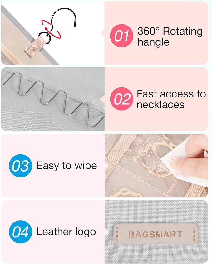 BAGSMART Hanging Jewelry Organizer Necklace/Earring/Ring 2-Sided L Grey - Image 4