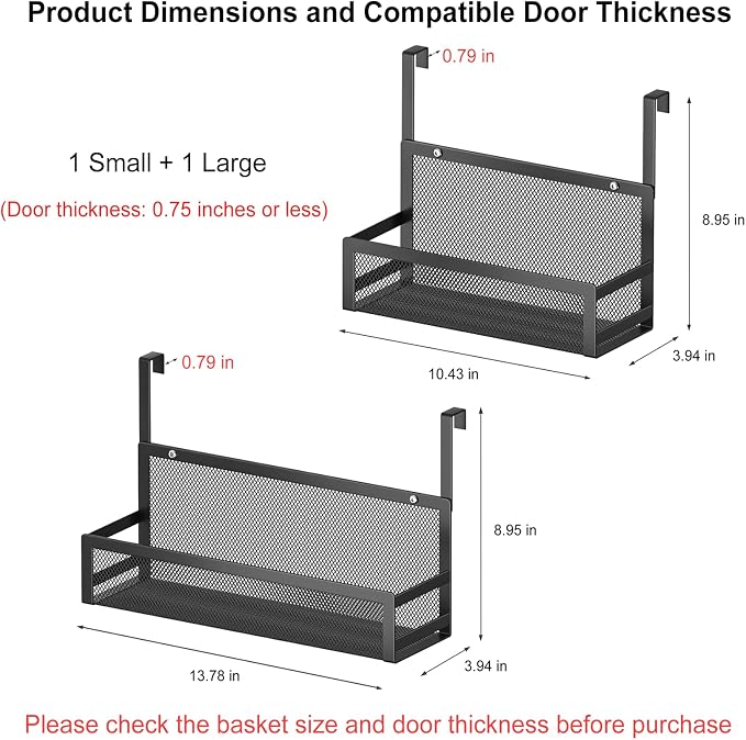 Hanging Desktop Baskets Fine Mesh Wire Storage Basket Over Cabinet Door Organizer No Drilling Required for Kitchen Bathroom Office, 1 Small, 1 Large, Black - Image 2