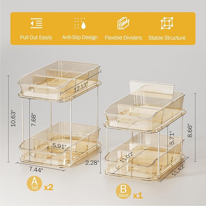 Delamu 2-Tier Under Sink Organizers and Storage, Multi-Purpose Stackable Bathroom Cabinet organizers, Pull Out Kitchen Pantry Organization and Storage with Dividers(3 Pack, Amber) - Image 5
