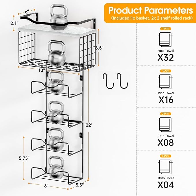 Towel Racks for Bathroom,Towel Rack Wall Mounted, 6 Tier Rolled Or Folded Towel Holder with Floating Shelves, Bathroom Towel Holder for Bath, Hand Towels,Metal,White Wood Panel - Image 4