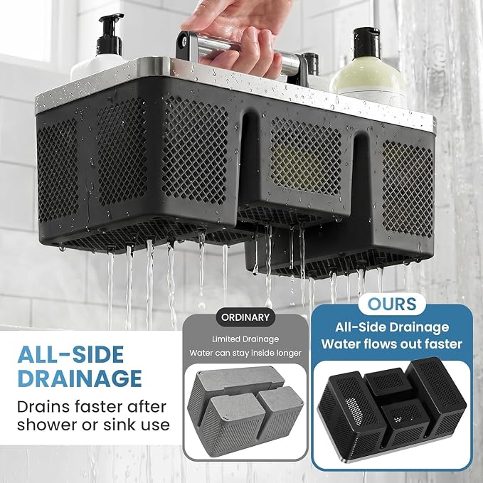 BYUNER Plastic Shower Caddy Dorm: Portable Cleaning & Shower Caddy with Handle, 4 Divided Compartments, All-Side Drainage, Rigid Plastic Basket Tote for College Dorm & Bathroom Use, Black/Silver - Image 3