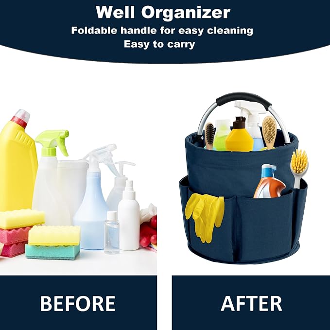 17L Cleaning Caddy with Handle, Cleaning Supplies Organizer, Foldable Storage Basket, Cleaning Supply Caddy, Portable Multi Cleaning Bucket Bag for Home, Garden (Blue) - Image 3