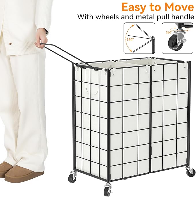 WOWLIVE Double Laundry Hamper with Wheels, Metal Rolling Laundry Basket - Image 5