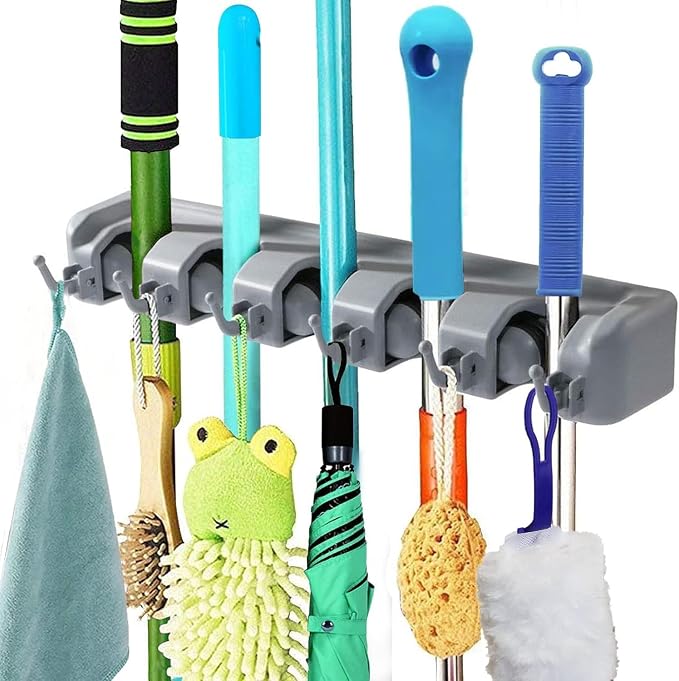 PP Plastic Multi-Function Broom & Mop Wall Mount Holder (16.93.352.36in, Gray) - Screw-Mounted Space Saver for Kitchen/Garage/Garden Tool Organization by Unknown