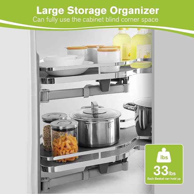 Blind Corner Cabinet Pull Out Organizer, Soft Close Swing Right Pull Out Cabinet Organizer 30inch, Corner Cabinet Lazy Susan for Blind Shelf, 2 Tiers Tray, Adjustable Height - Image 4