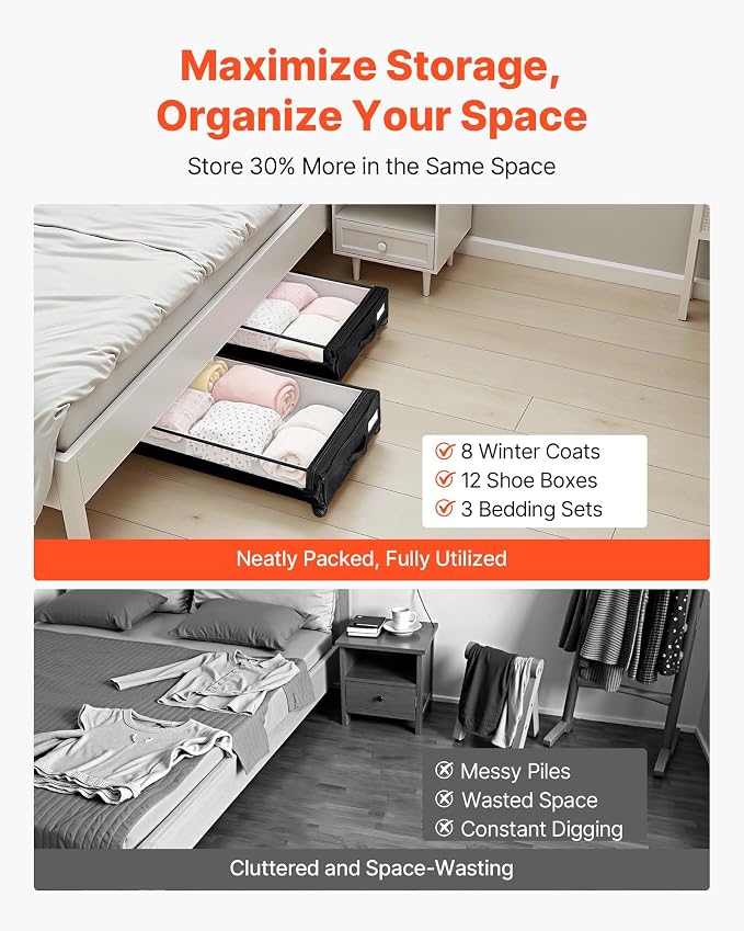 VEVOR Under Bed Storage with Wheels, 30.3 x 18.5 x 6.8 inch, Underbed Containers with Clear Lid, Underbed Shoe Organizer, Rolling Under the Bed Storage Bins for Clothes Shoes Blankets Bedroom, 2 Pack - Image 6