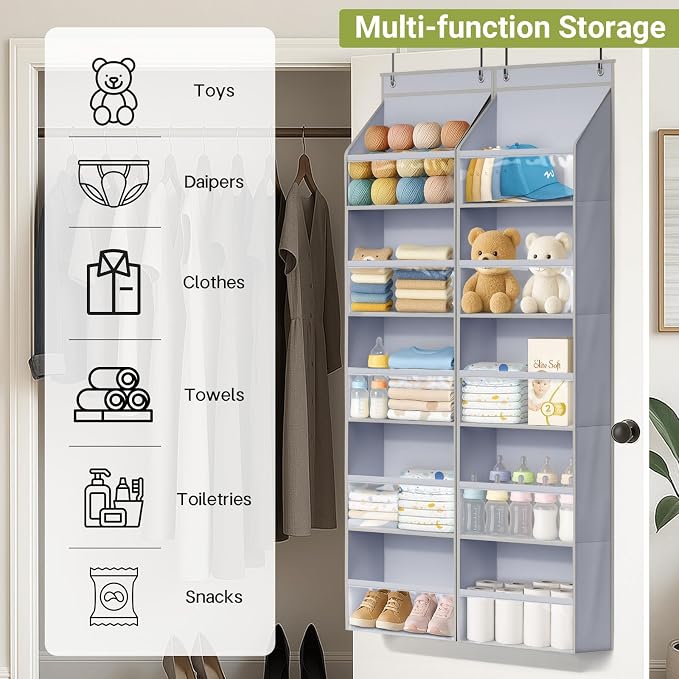 AOODA 2 Pack Over the Door Organizer, Large Capacity Closet Door Hanging Organizer, Clear Deep Pockets Baby Organizer Storage for Nursery, Bathroom, Bedroom, Pantry, Diapers (Grey) - Image 7