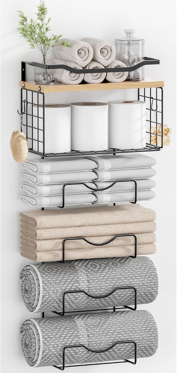 Towel Racks for Bathroom,Towel Rack Wall Mounted, 6 Tier Rolled Or Folded Towel Holder with Floating Shelves, Bathroom Towel Holder for Bath, Hand Towels,Metal,Walnut Wood Panel by LIDTOP