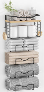 Towel Racks for Bathroom,Towel Rack Wall Mounted, 6 Tier Rolled Or Folded Towel Holder with Floating Shelves, Bathroom Towel Holder for Bath, Hand Towels,Metal,Walnut Wood Panel by LIDTOP