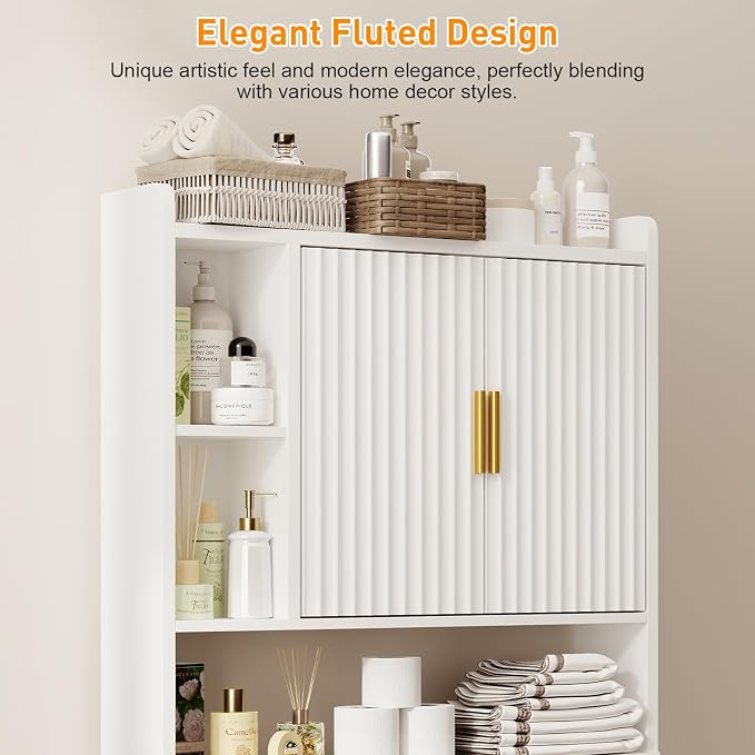 knoworld Fluted Over The Toilet Storage Cabinet, Above Toilet Bathroom Organizer with Toilet Paper Holder, Modern Behind Toilet Cabinet, Space Saver for Restroom, Bathroom, Laundry, White - Image 4