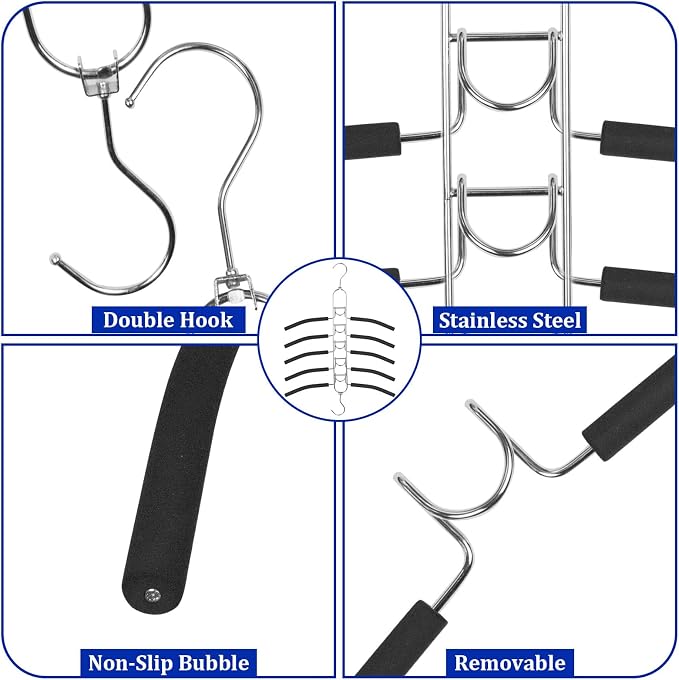 5-in-1 Anti Slip Stainless Metal Clothes Hange,Space Saving Thin Shirt Hangers,Multi Layers Magic Sweater Hanger,Used for Wardrobe Organizer or Vacation and Business Trips (1, Black) - Image 6