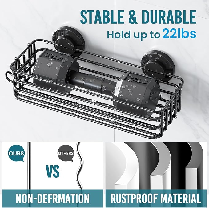 TAILI Shower Caddy Suction Cup, 3 Pack Shelves for Inside with Hooks, Black - Image 4