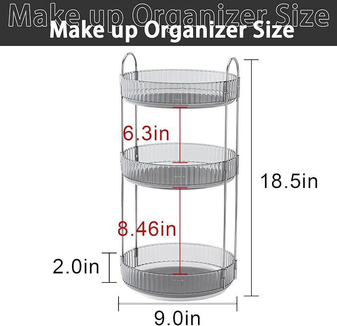 shuang qing Rotating Makeup Organizer for Vanity, Large Capacity Skincare Perfume Storage, Bathroom Counter Organizer, 360 Spinning Cosmetic Dresser Countertop Organizers (Gray, 3 Tier) - Image 2