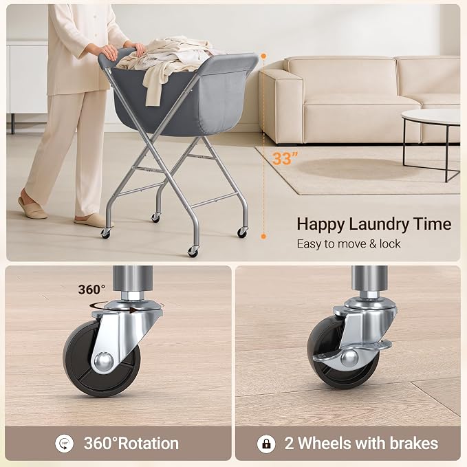 ELYKEN Laundry Basket with Wheels, Collapsible Laundry Hamper, Gray - Image 7