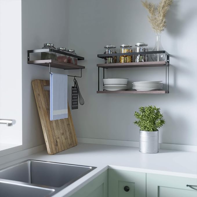 RICHER HOUSE 2+1 Tier Wall Mounted Floating Shelves Set of 2, Rustic Wood Shelf with Metal Frame, Extra Storage Rack for Bathroom, Kitchen, Bedroom with Tissue Rack & Towel Bar - Rustic Brown - Image 6