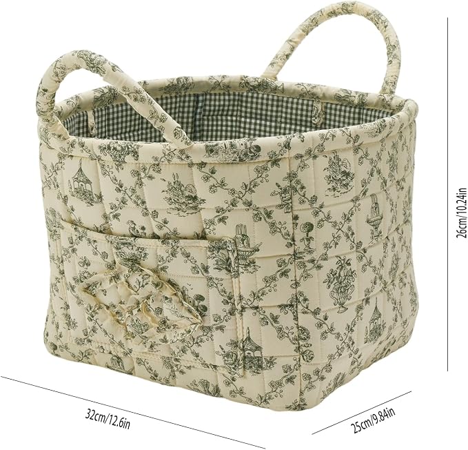 Quilted Fabric Storage Basket with Handles & Pocket, Foldable Laundry Hamper Boho Floral Print Organizer Bin for Home, Picnic, Office 12"x10"x10" (B-2) - Image 6