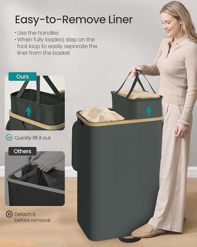 SONGMICS Laundry Hamper with Lid, 150L Laundry Basket，2 Compartments - Image 3