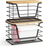 ALOCEO 2 Pack Stackable Wire Storage Basket with Bamboo Lid, Stainless Steel Extra Large Trash Bag Dispenser Roll Holder for Kitchen Sink, Kitchen Storage Bins for Potato and Onion, Black - Image 5