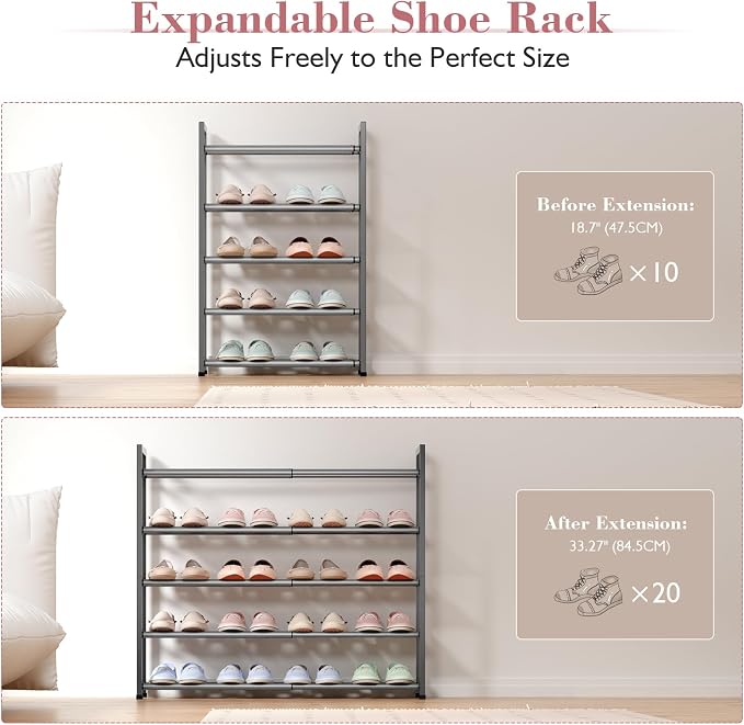 Bumusty 5 Tier Expandable Shoe Rack for Closet, Grey | 18"-33" Adjustable Shoe Rack for Entryway, Small Shoe Organizer for Dorm, Front Door, Sturdy Metal - Image 5