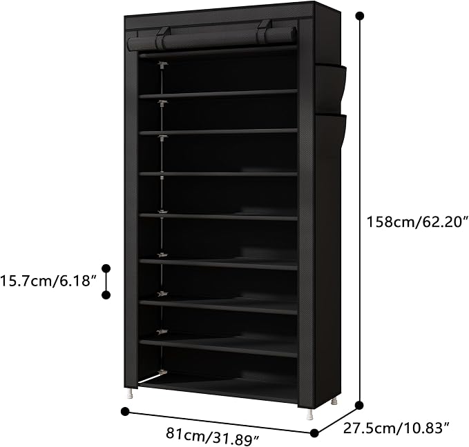 Laiensia 9-Tier Vertical Shoe Rack Organizer, Space Saving Shoe Storage Organizer, Non-Woven Cover Shoe Shelf Holds 36-45 Pairs for Bedroom, Hallway, Closet Entryway, Black - Image 3
