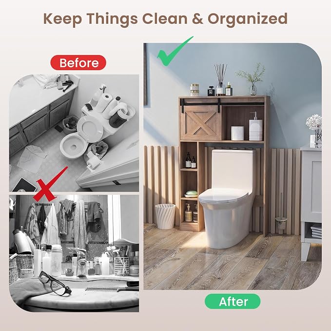 GIANTEX Over The Toilet Storage Cabinet - Freestanding Bathroom Organizer with Sliding Barn Door & Storage Shelves, Multifunctional Bathroom Toilet Rack for Bathroom, Restroom, Laundry (Rustic Brown) - Image 9